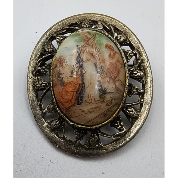Vintage Fragonard Oval Brooch With Hand-Painted Romantic Scene & Filigree Metal - Picture 2 of 7
